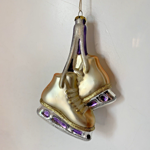 Blown Glass Pair of Gold Ice Skates Christmas Ornament Ice Skating Holiday BRN - Picture 5 of 7